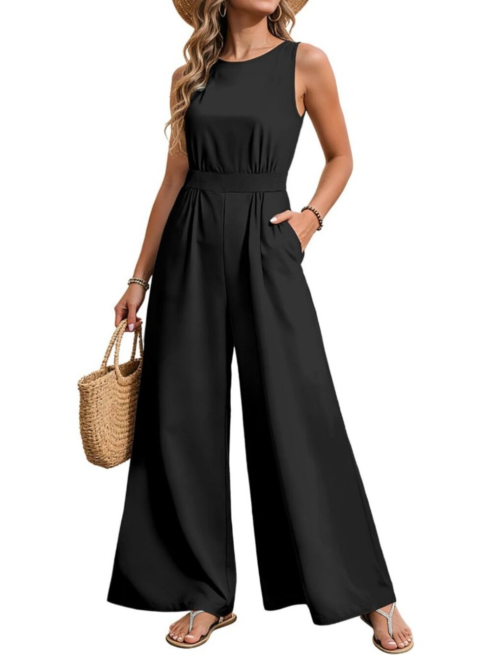 Floral Wide Leg Jumpsuit - Casual Summer Sleeveless One Piece with Pockets